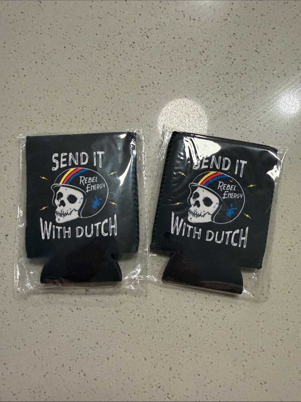 Dutch Bros Black Can Cooler with Skull Rebel Energy Graphic